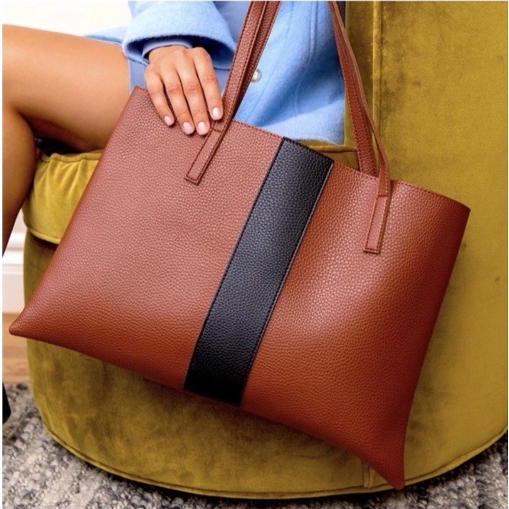 Vince Camuto Pebbled Brown Vegan Leather Tote Bag Black Stripe Racing Stripe